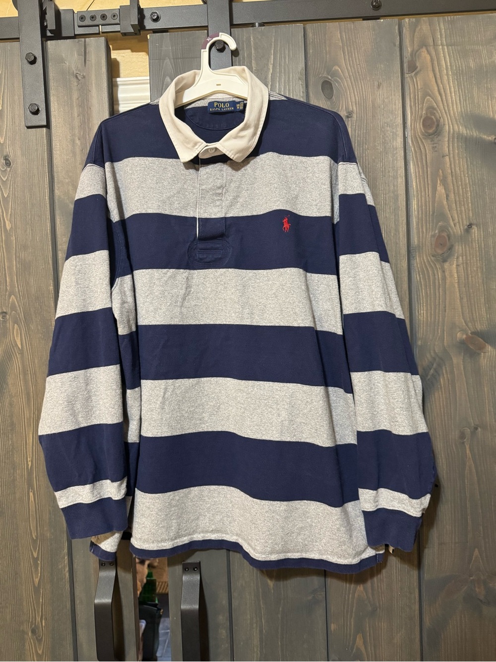 Polo by Ralph Lauren Men's Navy & Gray Striped Rugby Shirt with White Collar